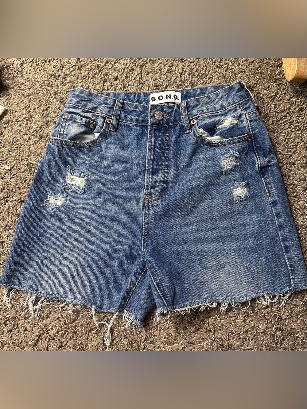 S.O.N.G. Mid-Rise Distressed Blue Denim Shorts